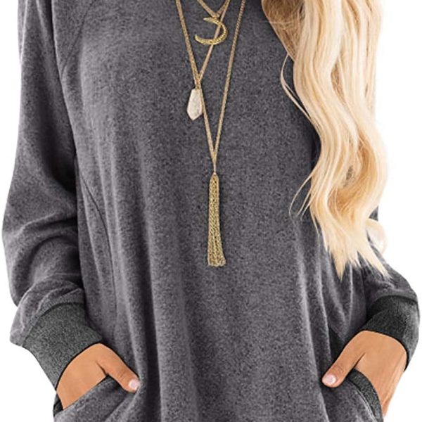 Womens Casual Color Block Long Sleeve Round Neck Pocket T Shirts Blouses Sweatshirts Plus Size Tunic Tops (S-5XL)