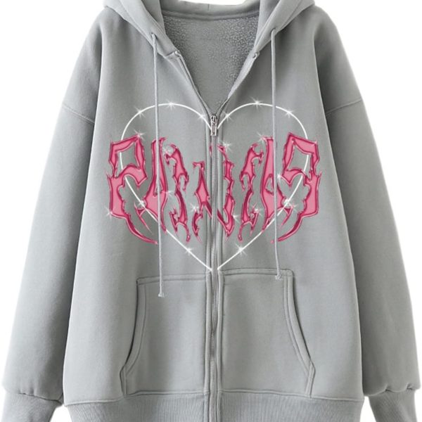 Womens Oversized Zip Up Hoodie Casual Long Sleeve Y2K Sweatshirt Hoodie Full Zip Jacket Cardigan Top (Color : Gray, Size : X-Large)