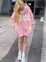 ⁦SKYWOK Women's Cardigans Oversized Zip Hoodie Women's Design Pattern Hooded Sweatshirt Soft Girls' Jacket (Color : Pink, Size : XL)⁩ - الصورة ⁦4⁩