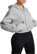 ⁦GORGLITTER Women's Athletic Zip Up Hoodie Drawstring Long Sleeve Crop Sweatshirts with Pockets Grey M⁩ - الصورة ⁦3⁩