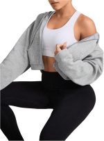 ⁦GORGLITTER Women's Athletic Zip Up Hoodie Drawstring Long Sleeve Crop Sweatshirts with Pockets Grey M⁩ - الصورة ⁦4⁩