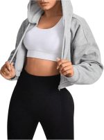⁦GORGLITTER Women's Athletic Zip Up Hoodie Drawstring Long Sleeve Crop Sweatshirts with Pockets Grey M⁩ - الصورة ⁦5⁩