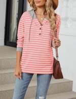 ⁦SEAUR Women's Striped Hoodies Long Sleeve Colour Block Sweatshirts Button Pullover Hooded Sweatshirts⁩ - الصورة ⁦5⁩
