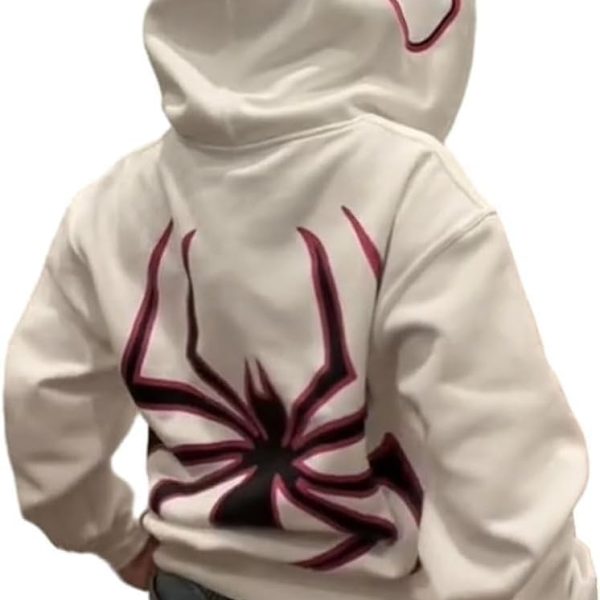 CheJooe Women's Spider Print Zip Up Hoodie Y2K Oversized Long Sleeve Sweatshirt Grunge Vintage Pullover Sweatshirt Gothic Harajuku Streetwear Winter Fall autumn (Color : White, Size : S)
