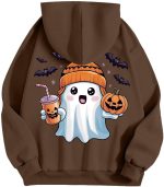 ⁦CheJooe Women Halloween Hoodies Oversized Funny Ghost Print Hooded Sweatshirt Loose Pullover Fall Festival Cute Coat With Pocket(A01 Brown,L)⁩ - الصورة ⁦4⁩
