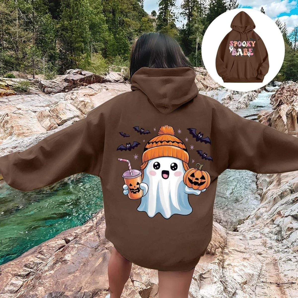 ⁦CheJooe Women Halloween Hoodies Oversized Funny Ghost Print Hooded Sweatshirt Loose Pullover Fall Festival Cute Coat With Pocket(A01 Brown,L)⁩ - الصورة ⁦5⁩