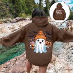 ⁦CheJooe Women Halloween Hoodies Oversized Funny Ghost Print Hooded Sweatshirt Loose Pullover Fall Festival Cute Coat With Pocket(A01 Brown,L)⁩ - الصورة ⁦5⁩