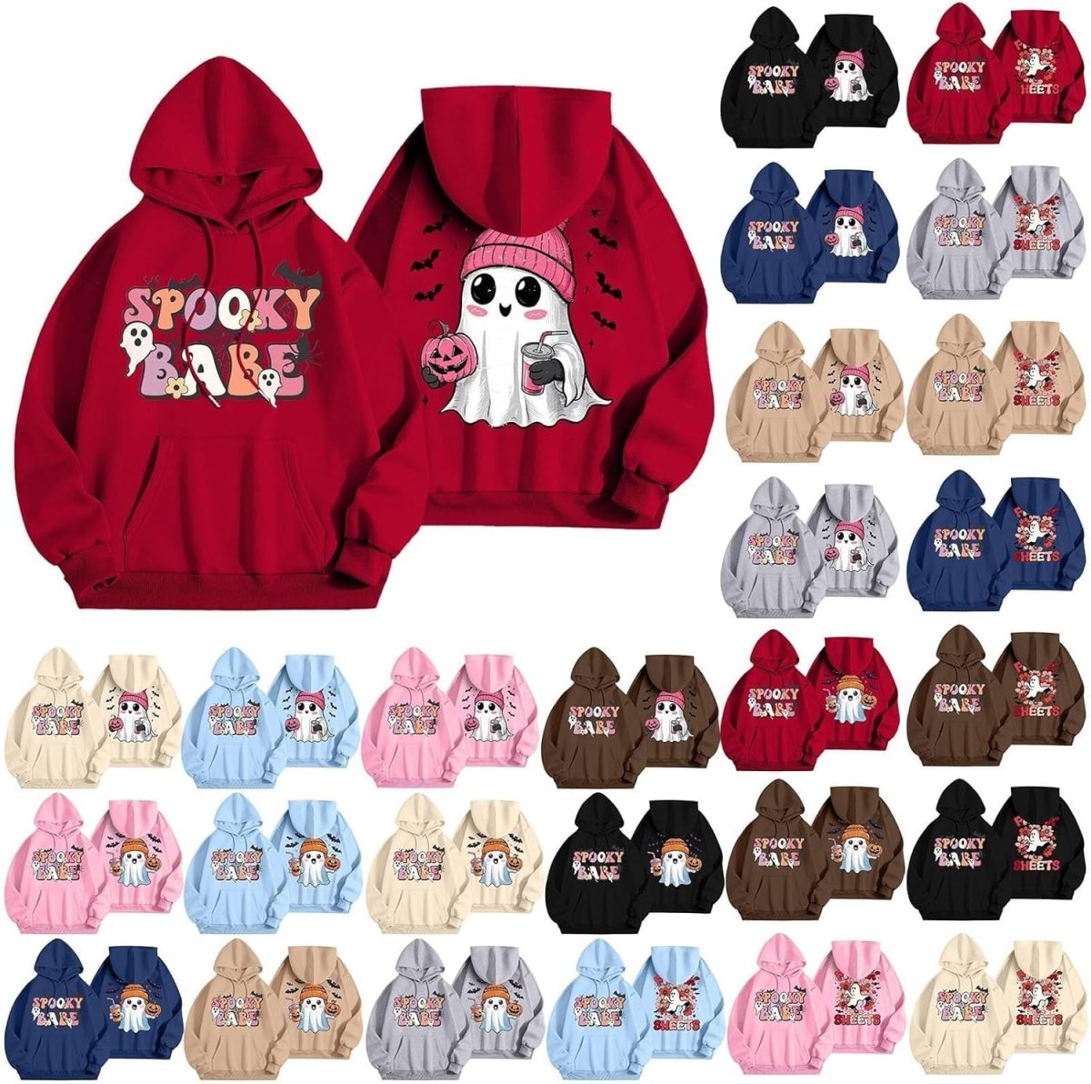 ⁦CheJooe Women Halloween Hoodies Oversized Funny Ghost Print Hooded Sweatshirt Loose Pullover Fall Festival Cute Coat With Pocket(A02 Pink,L)⁩ - الصورة ⁦1⁩