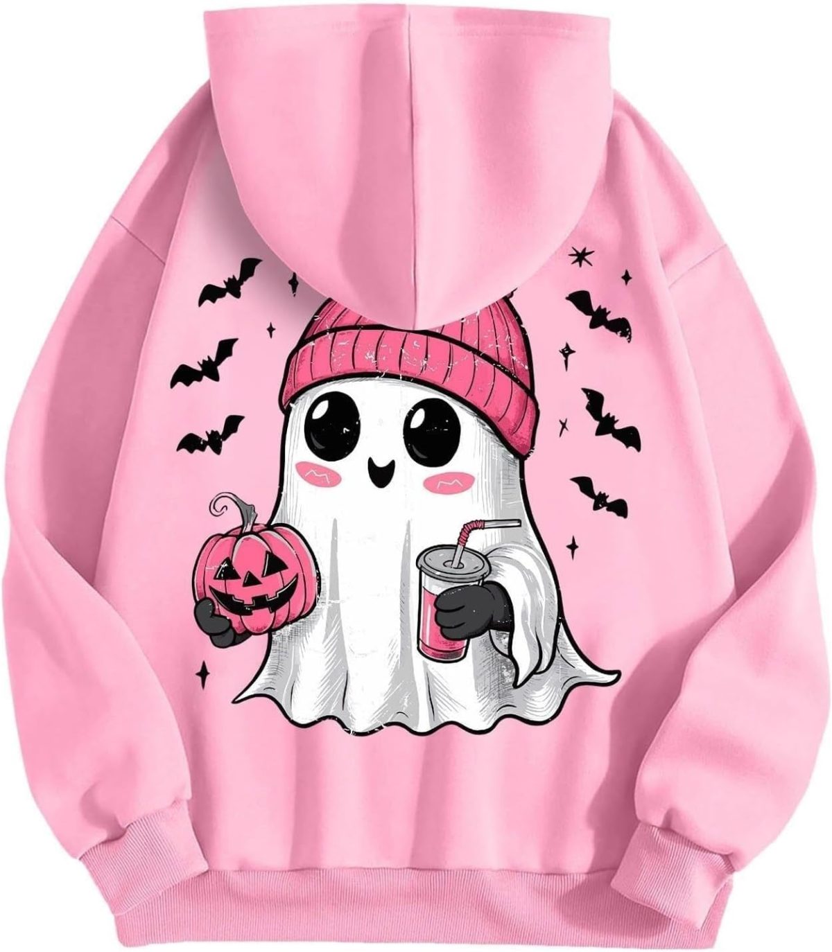 ⁦CheJooe Women Halloween Hoodies Oversized Funny Ghost Print Hooded Sweatshirt Loose Pullover Fall Festival Cute Coat With Pocket(A02 Pink,L)⁩ - الصورة ⁦4⁩
