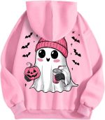 ⁦CheJooe Women Halloween Hoodies Oversized Funny Ghost Print Hooded Sweatshirt Loose Pullover Fall Festival Cute Coat With Pocket(A02 Pink,L)⁩ - الصورة ⁦4⁩
