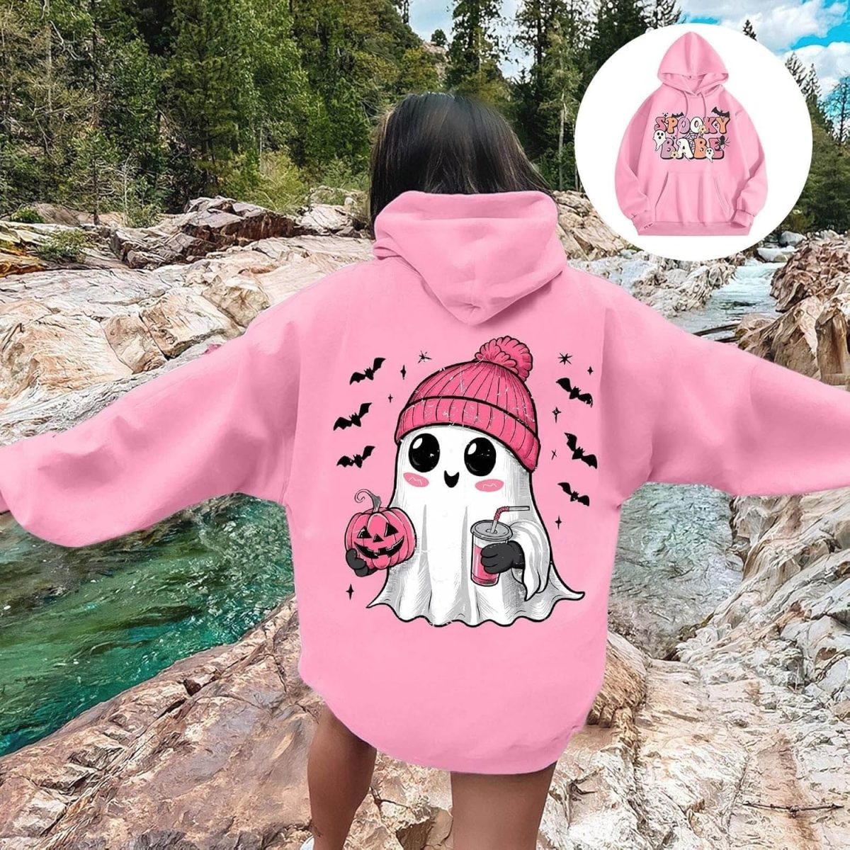 ⁦CheJooe Women Halloween Hoodies Oversized Funny Ghost Print Hooded Sweatshirt Loose Pullover Fall Festival Cute Coat With Pocket(A02 Pink,L)⁩ - الصورة ⁦5⁩