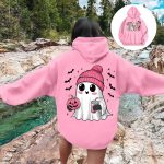 ⁦CheJooe Women Halloween Hoodies Oversized Funny Ghost Print Hooded Sweatshirt Loose Pullover Fall Festival Cute Coat With Pocket(A02 Pink,L)⁩ - الصورة ⁦5⁩