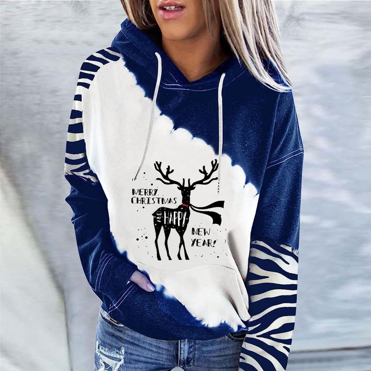 ⁦ZONEEAKO Merry Christmas Hoodie for Women,Casual Christmas Holiday Long Sleeve Sweatshirts with Snowman/Elk 2D Print Pullover Tops with Pocket,S-2XL (Color : Black, Size : XXL)⁩ - الصورة ⁦2⁩