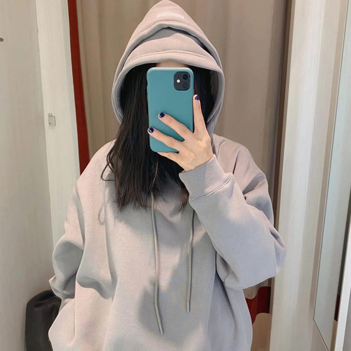 ⁦Double Hooded Athletic Hoodies Fake 2 Hat Pieces Letter Embroidery Sweatshirt Grey with Pockets Casual Oversize Jumpers Coat⁩ - الصورة ⁦7⁩