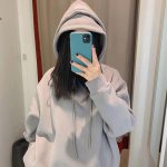 ⁦Double Hooded Athletic Hoodies Fake 2 Hat Pieces Letter Embroidery Sweatshirt Grey with Pockets Casual Oversize Jumpers Coat⁩ - الصورة ⁦7⁩