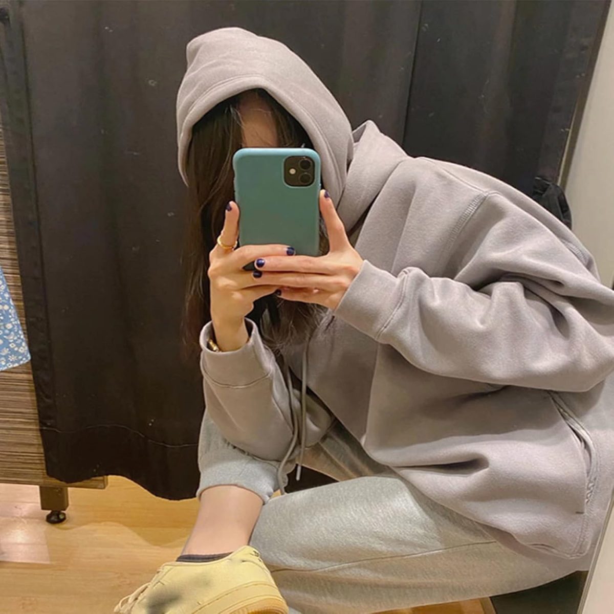 ⁦Double Hooded Athletic Hoodies Fake 2 Hat Pieces Letter Embroidery Sweatshirt Grey with Pockets Casual Oversize Jumpers Coat⁩ - الصورة ⁦8⁩