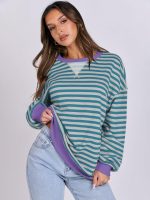 ⁦ANRABESS Women Striped Oversized Sweatshirt Long Sleeve Crewneck Hoodies Shirts 2024 Fall Pullover Top Trendy Preppy Clothes⁩ - الصورة ⁦3⁩