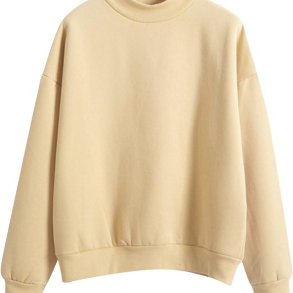 SKYWOK Long Sleeve Tops for Women Women Long Sleeve Hoodies Solid Color Round Neck Pullover Solid Color Loose Keep Warm Sweatshirt (Color : Khaki, Size : XXL)