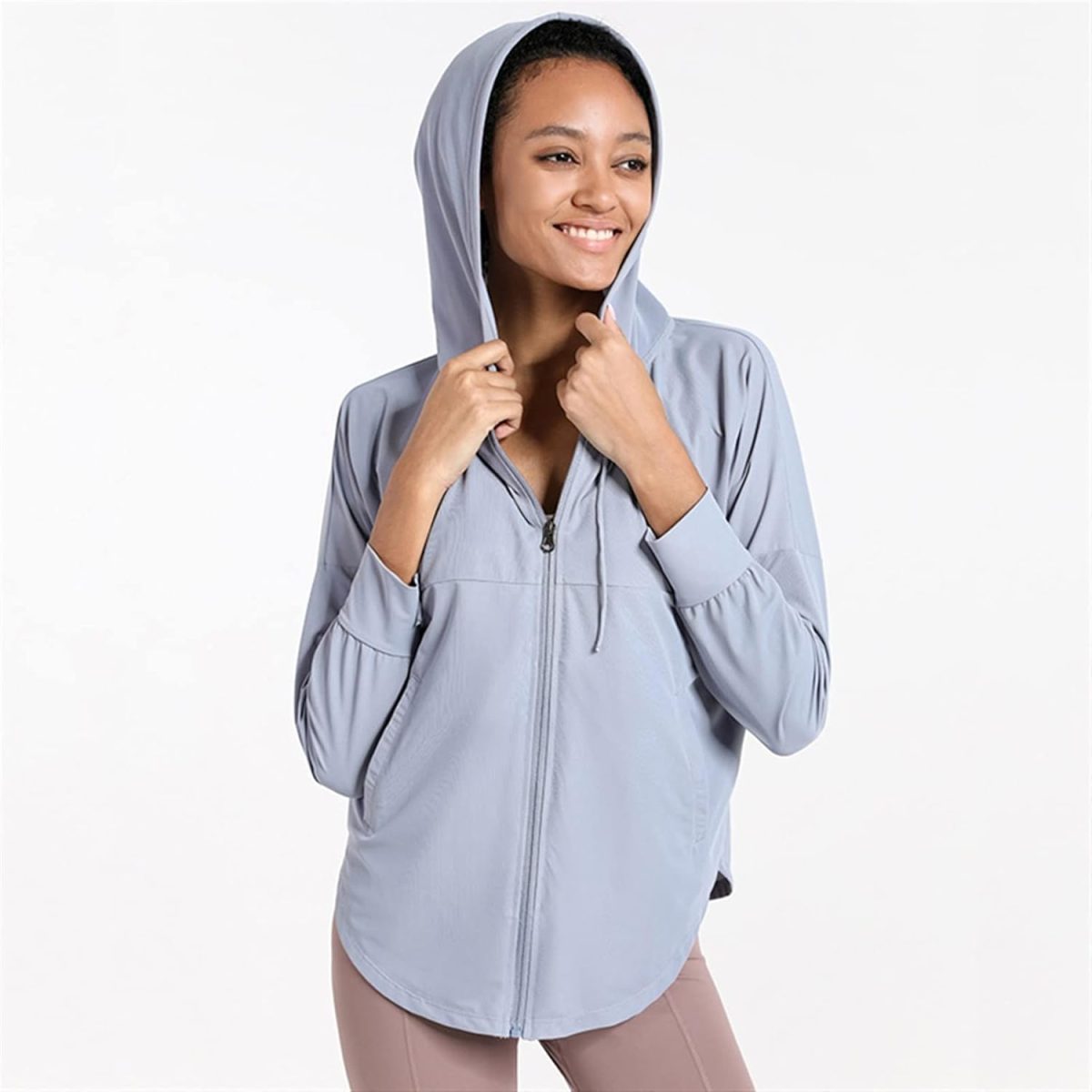 ⁦OBUMI Utility Jacket Women, Ladies Thin Loose Athletic Hoodie Zip Running Jacket Yoga Top Hooded Sweatshirt Gym Workout Outerwear Clothes (Color : Green, Size : S)⁩ - الصورة ⁦4⁩