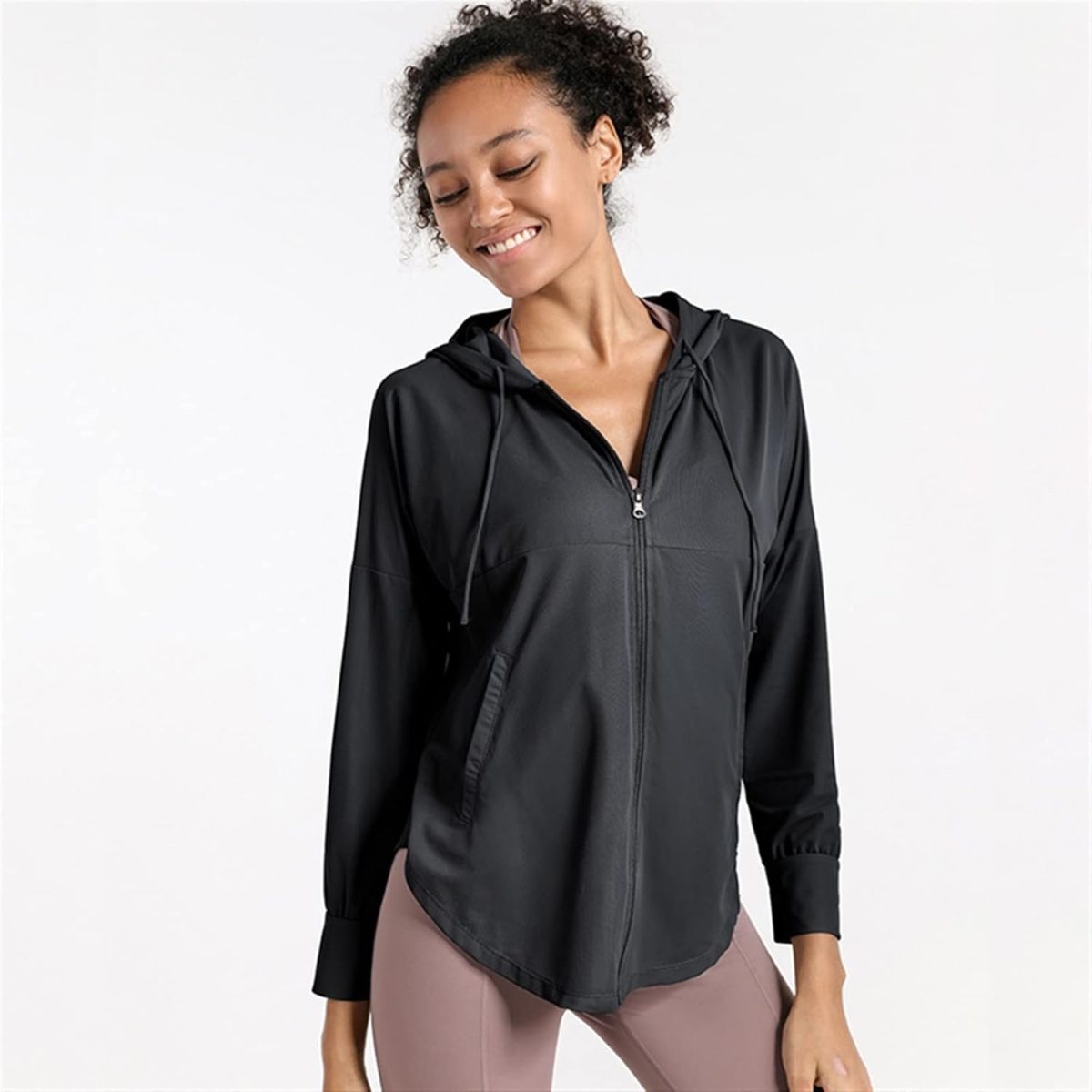 ⁦OBUMI Utility Jacket Women, Ladies Thin Loose Athletic Hoodie Zip Running Jacket Yoga Top Hooded Sweatshirt Gym Workout Outerwear Clothes (Color : Green, Size : S)⁩ - الصورة ⁦5⁩