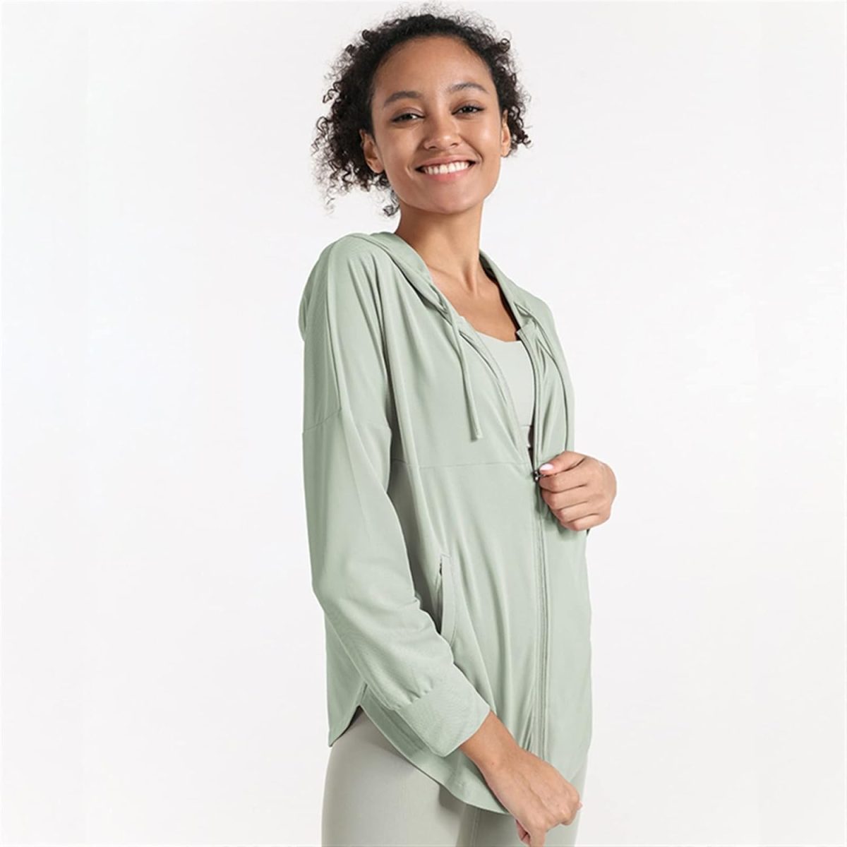 ⁦OBUMI Utility Jacket Women, Ladies Thin Loose Athletic Hoodie Zip Running Jacket Yoga Top Hooded Sweatshirt Gym Workout Outerwear Clothes (Color : Green, Size : S)⁩ - الصورة ⁦6⁩