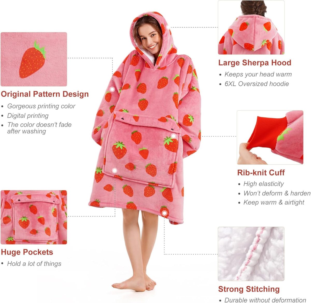 ⁦Narecte Blanket Hoodie Women & Men,Premium Sherpa Fleece Oversized Pocket Hoodie Blanket, Wearable Blanket Hoodie⁩ - الصورة ⁦3⁩