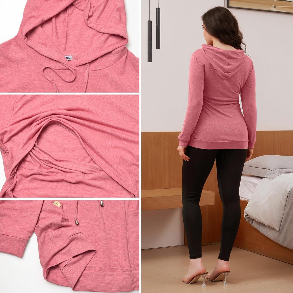 ⁦GINKANA Womens Nursing Hoodie Top Sweatshirt Long Sleeve Button Decoration Pockets Shirts Tunic Top, Rose, X-Large⁩ - الصورة ⁦6⁩