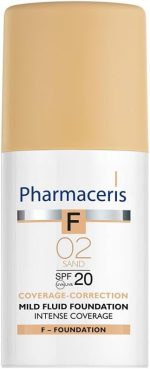 Pharmaceris F Intense Coverage Mild Fluid Foundation SPF 20, 30 Ml(02 Sand) – Lightweight Creamy Formula With Sodium Hyaluronate Milk Thistle Honeysuckle And Vitamin B3 For Sensitive Skin