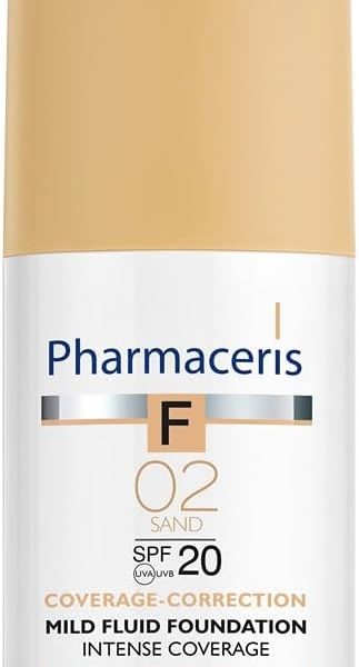 Pharmaceris F Intense Coverage Mild Fluid Foundation SPF 20, 30 Ml(02 Sand) – Lightweight Creamy Formula With Sodium Hyaluronate Milk Thistle Honeysuckle And Vitamin B3 For Sensitive Skin