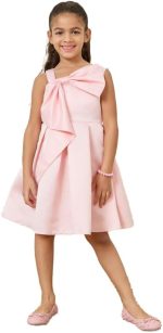 Styli Girls Bow Front Detail Asymmetrical Neck Pleated A-Line Dress