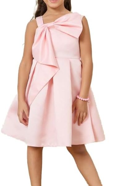Styli Girls Bow Front Detail Asymmetrical Neck Pleated A-Line Dress