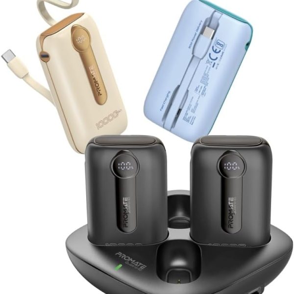 Promate 4-piece power bank Premium kit with 10,000mAh ultra-compact chargers, USB-C™ and Lightning Built-in cables, LED screen, 22.5 PD, USB-C™ and USB-A™ Ports, and Charge Protection, Quatro-10