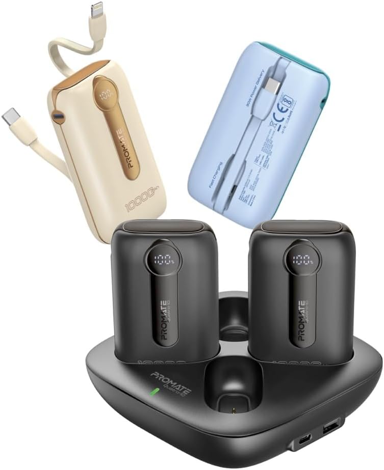 Promate 4-piece power bank Premium kit with 10,000mAh ultra-compact chargers, USB-C™ and Lightning Built-in cables, LED screen, 22.5 PD, USB-C™ and USB-A™ Ports, and Charge Protection, Quatro-10