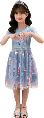⁦Renholin Elsa Dresses Shine Summer Dress Short Sleeve Frozen Frozen Princess Ice Princess Costume Girls Kids Party Skirt⁩ - الصورة ⁦2⁩