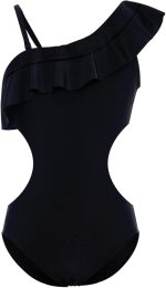 Momkonzz Girls Swimming Costumes Kids One Piece Swimsuit Straps Ruffle Swimwear Black 7-16 Years