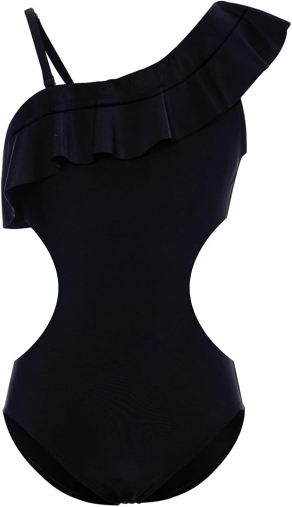 Momkonzz Girls Swimming Costumes Kids One Piece Swimsuit Straps Ruffle Swimwear Black 7-16 Years