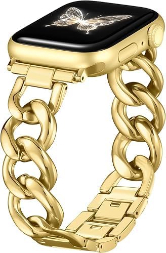 DELEE Gold Band Compatible with Apple Watch Bands for Women 40mm 38mm 41mm 42mm 44mm 45mm 46mm, Metal Chain Link Steel Replacement Accessories Bracelet for iWatch Bands Series 10 9 8 7 6 5 4 3 2 1 SE