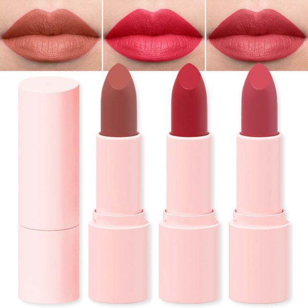 HappyoH 3 Colors Matte Red Lipstick Pack Set,Long Lasting 24 Hour Waterproof Velvet Nonstick Cup Lipgloss Dark Ruby Red Lip Stain Pigmented Lip Makeup Quality Professional Gift Sets