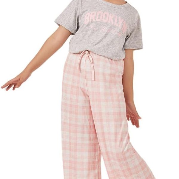 Styli Girls Typography Print Short Sleeve T-Shirt And Checked Pyjama Set