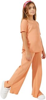 Styli Girls Side Ruched Detail Rib Knit T-Shirt & Wide Leg Joggers Co-Ords Set