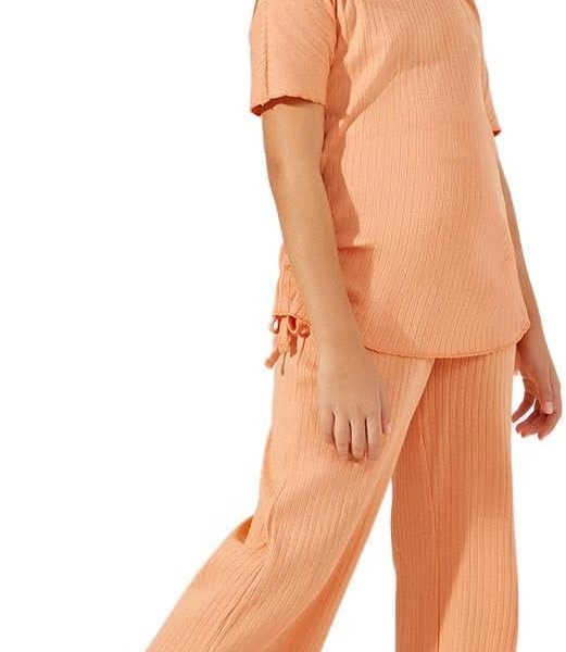 Styli Girls Side Ruched Detail Rib Knit T-Shirt & Wide Leg Joggers Co-Ords Set