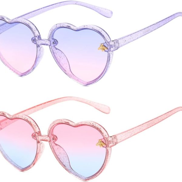 X spring Heart-shaped Sunglasses, 2 PCS Kids Heart Sunglasses with Light Color Gradient Lens, Fashionable Purple Pink Accessories for Girls Age 2-10, UV400 Protection for Summer Holiday