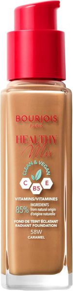 Bourjois Healthy Mix Clean Foundation – Liquid Foundation, Vegan Formula, Makeup – 58W Caramel, 30ml (1.1oz)