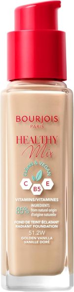 ⁦Bourjois Healthy Mix Clean Foundation – Liquid Foundation, Vegan Formula, Makeup – 51.2W Golden Vanilla, 30ml (1.1oz)⁩ - الصورة ⁦2⁩