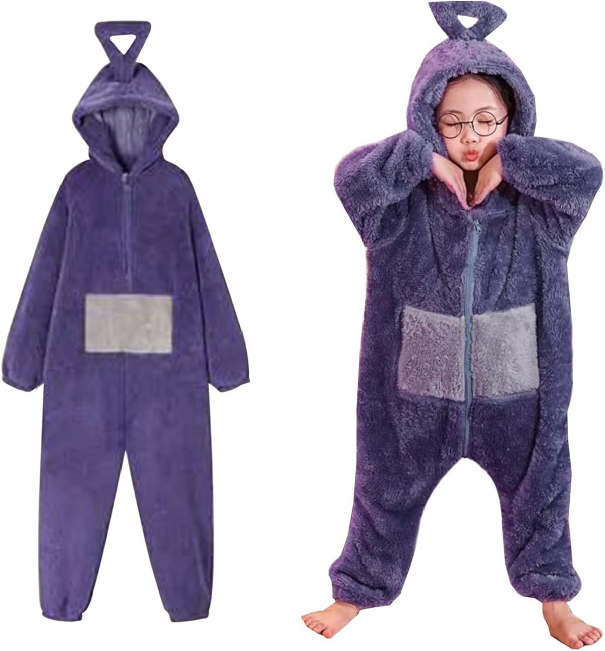 ⁦Unisex Kids Flannel Animal Onesie Pajamas,Soft Hooded Onesies Pajamas Costume, Cosplay Halloween Christmas Sleepwear Jumpsuit Homewear for Girls Boys(Purple)⁩ - الصورة ⁦7⁩