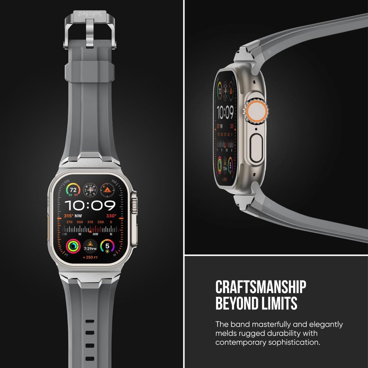 ⁦Suitisbest Sport Band for Apple Watch Ultra 2/Apple Watch Ultra Bands 49mm 45mm 44mm 42mm, Wide Rugged 316L Stainless Steel Connector Durable Silicone Band for iWatch Ultra 9 8 7 6 5 4 3 SE⁩ - الصورة ⁦3⁩