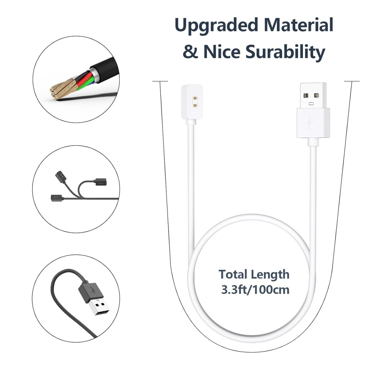 ⁦Charger for Xiaomi Redmi Watch 5 Active/ 5/5 Lite, Magnetic Charger with USB/Type C for Redmi Watch 5 Active Charging Cable (1 m / 3.3 ft) (USB White)⁩ - الصورة ⁦2⁩