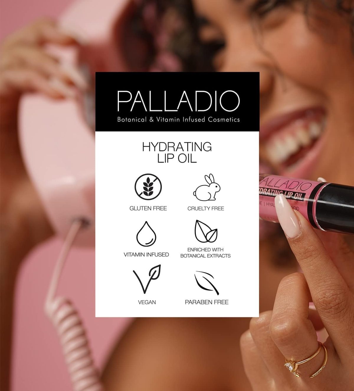 ⁦Palladio Hydrating Lip Oil Infused with Hyaluronic Acid, Non-Sticky Formula, Subtle shine tinted sheer color, liquid lipstick, locks in moisture to prevent chapped lips 0.13 Oz. (BLING)⁩ - الصورة ⁦4⁩