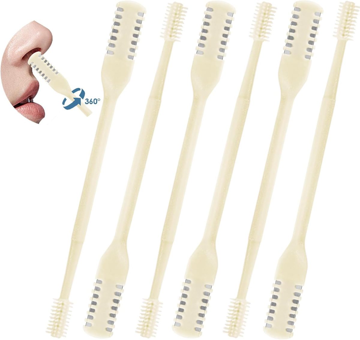 ALMEKAQUZ 6Pcs 2-in-1 Nasal Hair Cutter, Upgrade Double Sided Nose Hair Knife, 360° Nostril Hair Remover Tool, Nose Hair Trimmer, Nasal Hair Cutter for Men Women, with Soft Cleaning Brush (Cream)