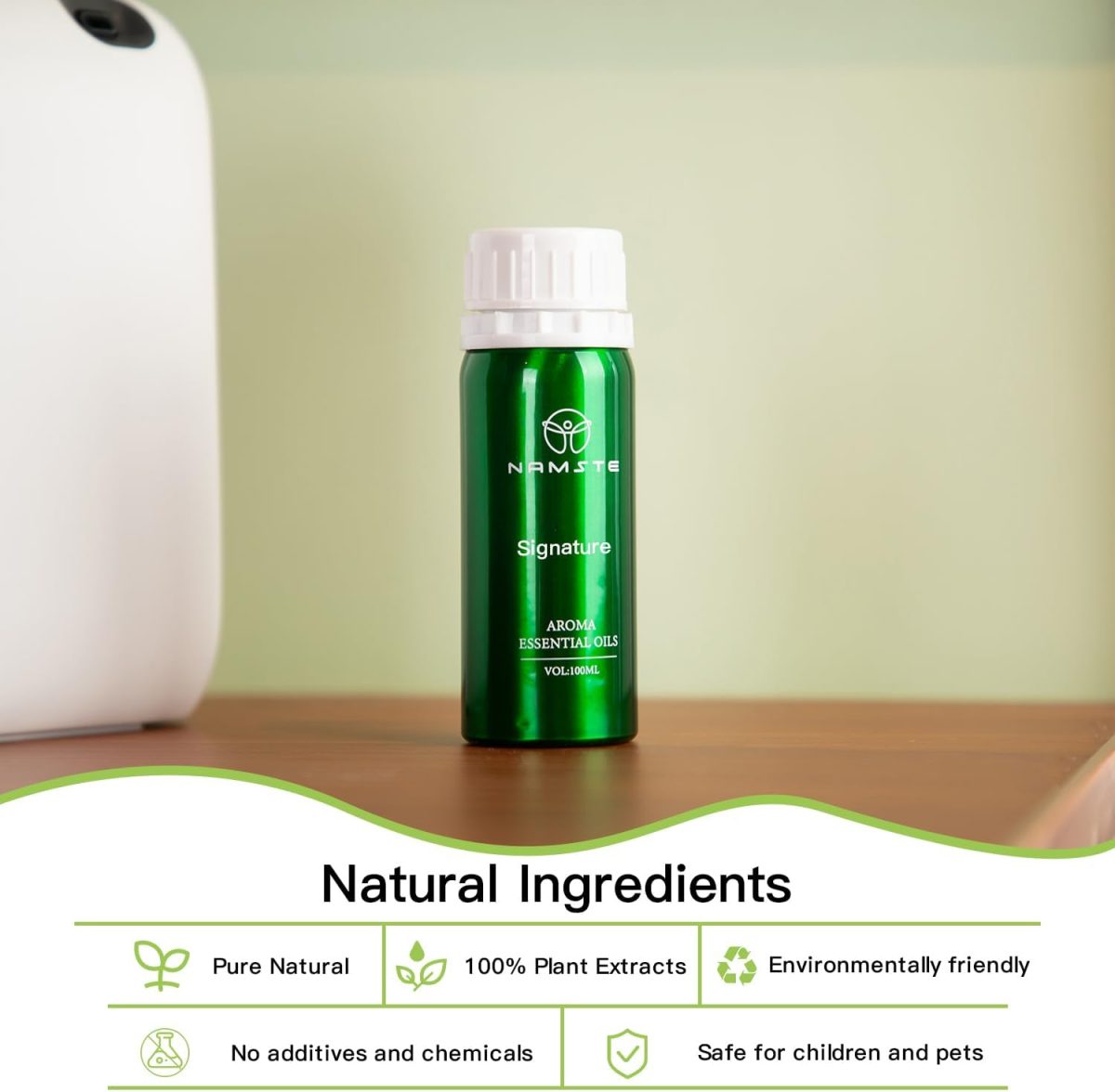⁦NAMSTE Aroma Essential Oil, 100ml Signature Collection Scents Diffuser Oil, 100% Pure Natural Essential Oils, Blend of Matricaria, Apple, Sandalwood for Home Aroma Device⁩ - الصورة ⁦6⁩